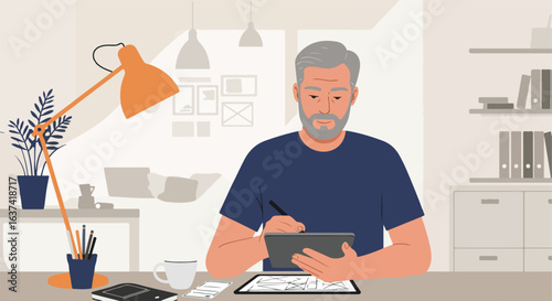 Man at desk, drawing on tablet with stylus, in office setting, flat illustration