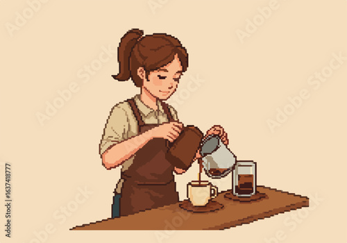 Pixel woman barista pouring coffee at a counter; another cup sits nearby