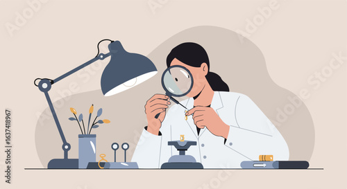 Individual in white coat inspecting jewelry with magnifying glass under lamp's light