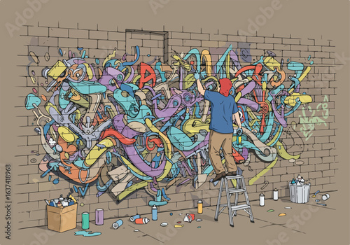 Artist painting colorful graffiti on brick wall, with cans littered behind