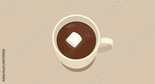 Warm chocolate drink with a single marshmallow in a ceramic mug