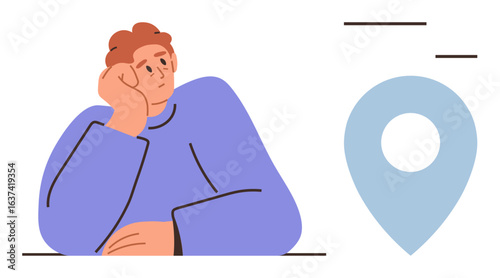Pensive individual resting on one arm, gazing at a map pin symbol. Ideal for themes thumbs up decision-making, location, navigation, productivity, personalization, problem-solving reflective mood. A