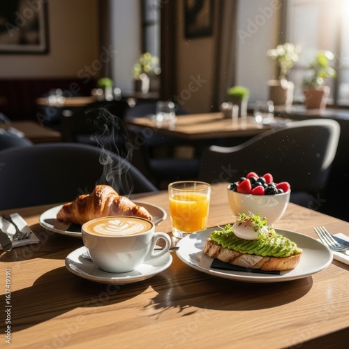Wallpaper Mural Elegant morning breakfast scene featuring coffee, avocado toast and croissants Torontodigital.ca