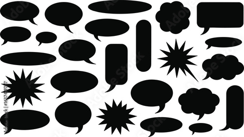Black speech bubble silhouette set, comic talk cloud icons, blank text balloon shapes, cartoon style, vector isolated illustration, design