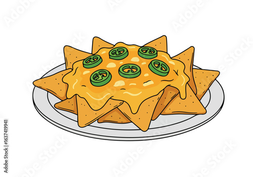 Isolated plate of nachos topped with cheese and peppers on a white background
