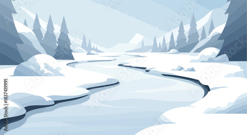 Snowy mountain landscape with winding river and sparse coniferous trees, cool tones