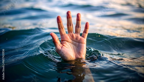 A person's hand reaches out of the water, a desperate symbol of danger, help, and drowning.