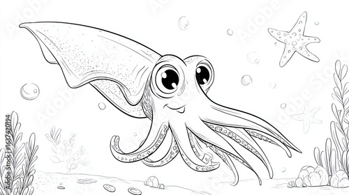 Cartoon cuttlefish swims in ocean with plants, starfish, outlined coloring page