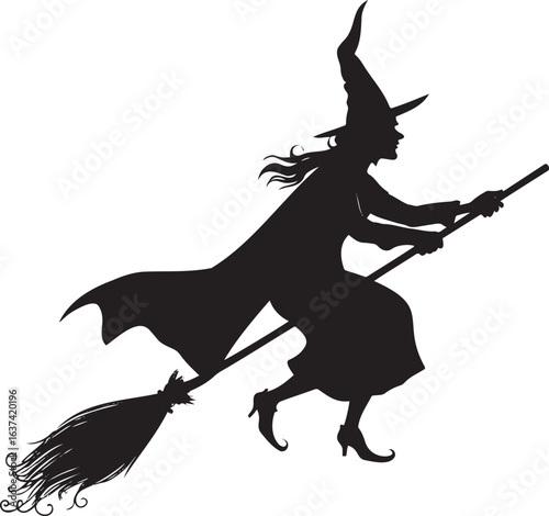  Halloween witch flying silhouette with broomstick vector illustration isolated on white background
