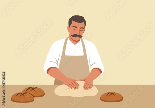 Baker kneads dough at counter, finished bread around. Home baking use