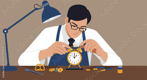 Repairing Time A clockmaker fixing a vintage alarm clock at his workbench