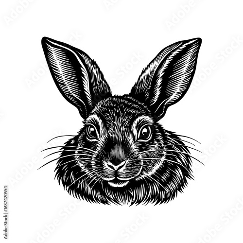 Detailed black and white illustration of a rabbit's head, featuring long ears and intricate fur details.