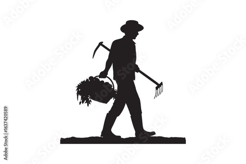 Farmer in silhouette walking with farming tools and harvested crops on a white background representing hard work and agriculture