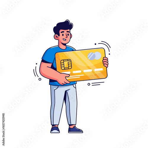Smiling cartoon man in a blue tshirt proudly holding a giant golden credit card.