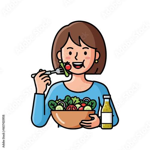 Happy cartoon woman with a brown bob haircut eating a fresh vegetable salad from a bowl.