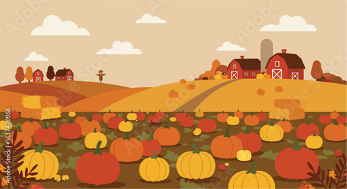 Autumn farm scene featuring pumpkins, farmhouses, scarecrow, and hay bales