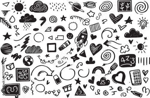 Chalk scribble doodle elements set for poster, social media. Crayon handwritten doodles. Rough hand drawn marker sketch with brush grunge texture. Vector illustration of kids or teens pencil drawing