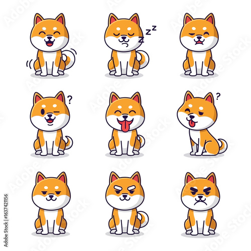 A collection of cute cartoon Shiba Inu dogs showing various emotions and expressions including happy sleepy angry and confused.