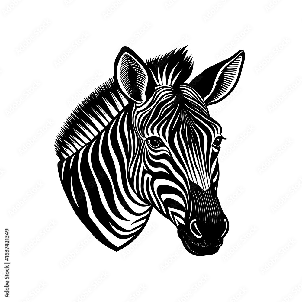 Fototapeta premium A detailed black and white illustration of a zebra head, showcasing its distinctive stripes and features.