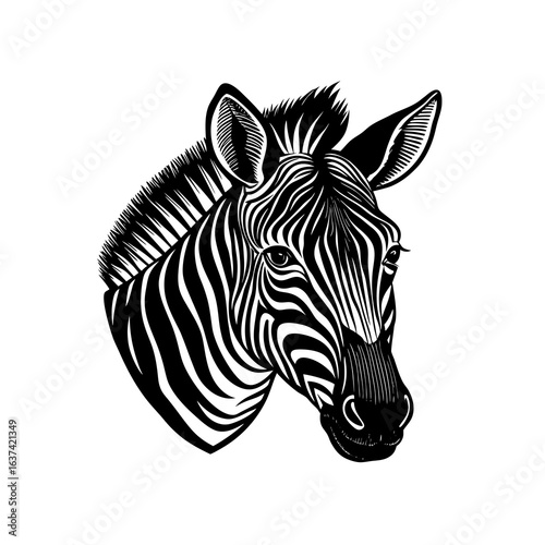 A detailed black and white illustration of a zebra head, showcasing its distinctive stripes and features.