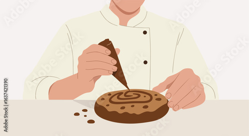 Pastry decoration in progress, cake artist decorating food with confectioner bag