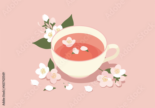 Floral drink, cup of infused water, with blossoms and petals on table, pink backdrop