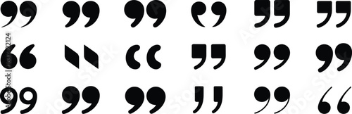 Collection of various black quotation marks icons, punctuation symbols, speech marks, typographic elements, vector graphics, quote designs, text symbols, marks set