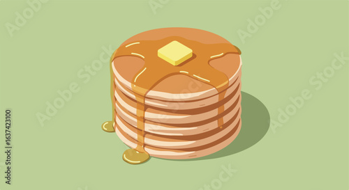 Stack of pancakes topped with butter & syrup on a pale green table for breakfast ad