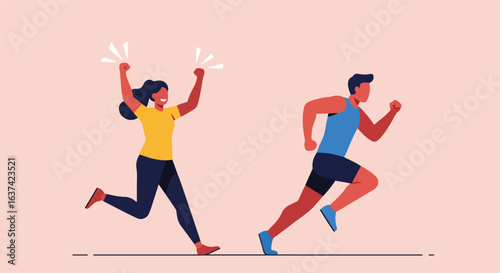 Two figures running. One celebrates with arms raised, while other sprints forward