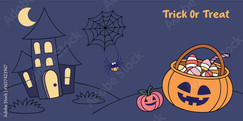 Festive Halloween artwork with jack-o'-lantern, creepy house, moonlit sky, spiders, and candy.“Trick or Treat” message