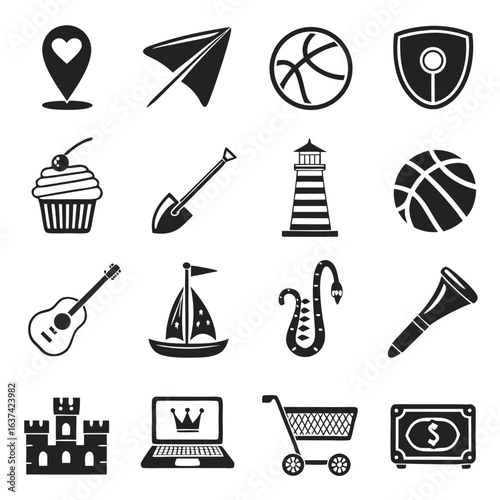 Flat Black Vector Silhouette Icons Collection with Megaphone, Hourglass, Quill Pen, Cupcake, Castle Tower, Laptop, Pinecone, Crown, Rocket, Joystick, Sandwich, Paddle and More Designs


