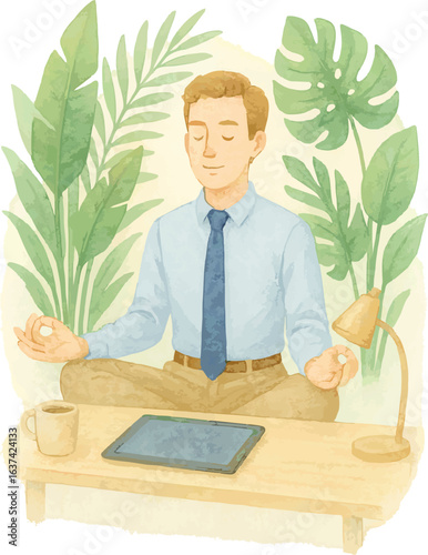 Watercolor Illustration of a Relaxed Lifestyle at a Workspace with Laptop and Houseplants – Minimalist Style, Transparent Background