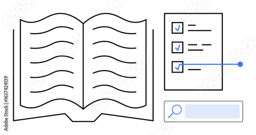 Open book with wavy lines, checklist with marked items, magnifying glass in search bar. Ideal for education, research, task management, knowledge sharing, study, organization simple landing page