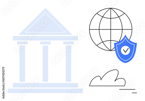 Institutional building, globe with shield emphasizing security and trust, simple cloud design. Ideal for finance, global trade, cybersecurity, trust-building, compliance, digital safety simple