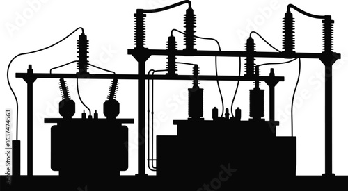 Electrical transformer station silhouette, power distribution equipment, high voltage electrical infrastructure, energy supply system, 