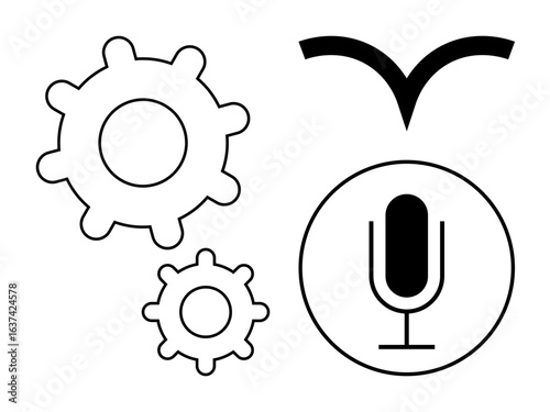 Microphone enclosed in a circle with two interlocking gears and bird wing above it. Ideal for technology, innovation, sound recording, configuration, media, communication, simple landing page