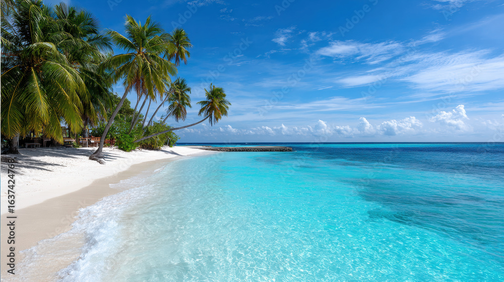 Fototapeta premium Serene beach scene featuring soft white sand, clear turquoise water, and lush palm trees swaying gently in breeze. vibrant blue sky enhances tranquil atmosphere, inviting relaxation