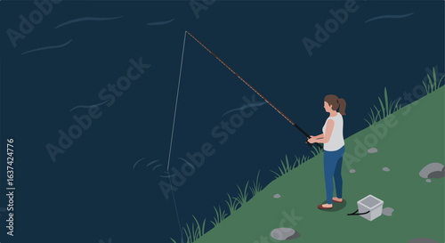 Woman fishing alone by a lake at night. Ripples in water, grass on bank