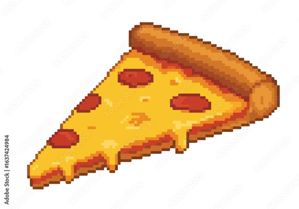 Pixel Pizza Slice with Cheese isolated on White, design element, for games, apps