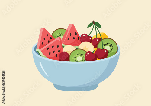 Sliced fruit salad in blue bowl on light background, a healthy snack idea