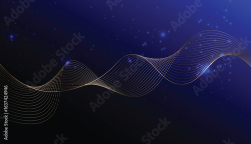 Abstract golden line wavy blue bubbles light particles design with glowing sparkling technology vector illustration on dark blue background.