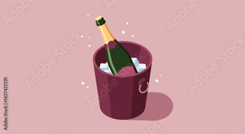 Cartoon Bottle chills in ice bucket on pink background for celebration ads