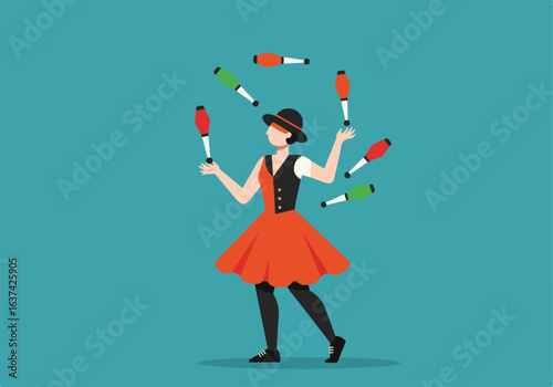 Woman juggles clubs against solid turquoise background for entertainment use