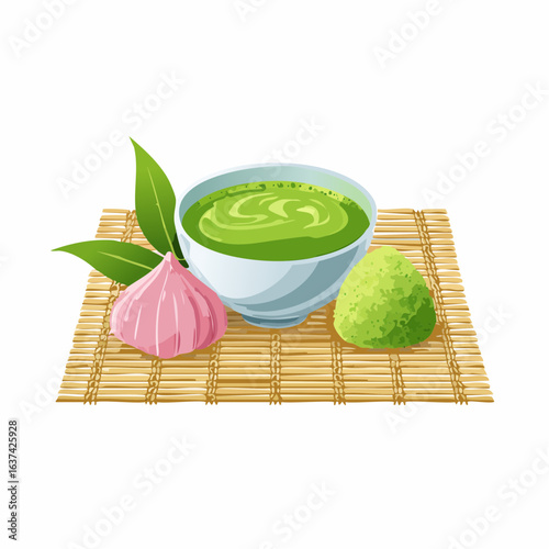 Japanese matcha tea and wagashi sweets on tatami mat, zen-inspired food styling