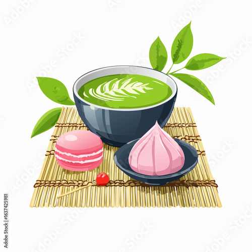 Japanese matcha tea and wagashi sweets on tatami mat, zen-inspired food styling