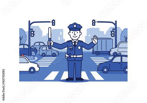 Officer directing traffic at a crosswalk with cars in the city background