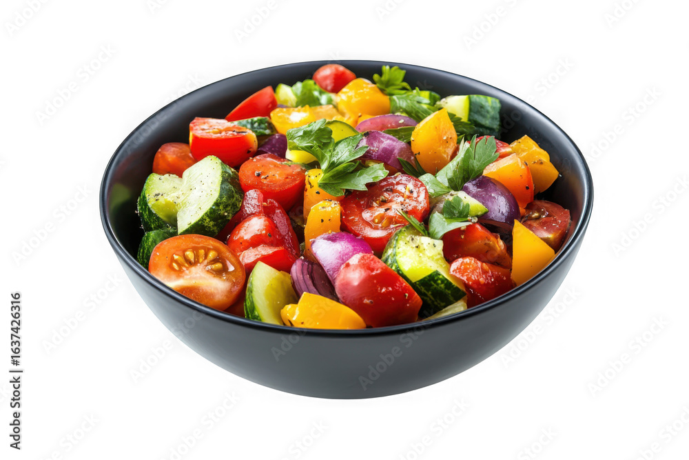 Delicious fresh vegetable salad with tomatoes, cucumbers, onions, and peppers in a bowl isolated on transparent background Delicious fresh vegetable salad with tomatoes, cucumbers, onions, and peppers in a bowl isolated on transparent background
