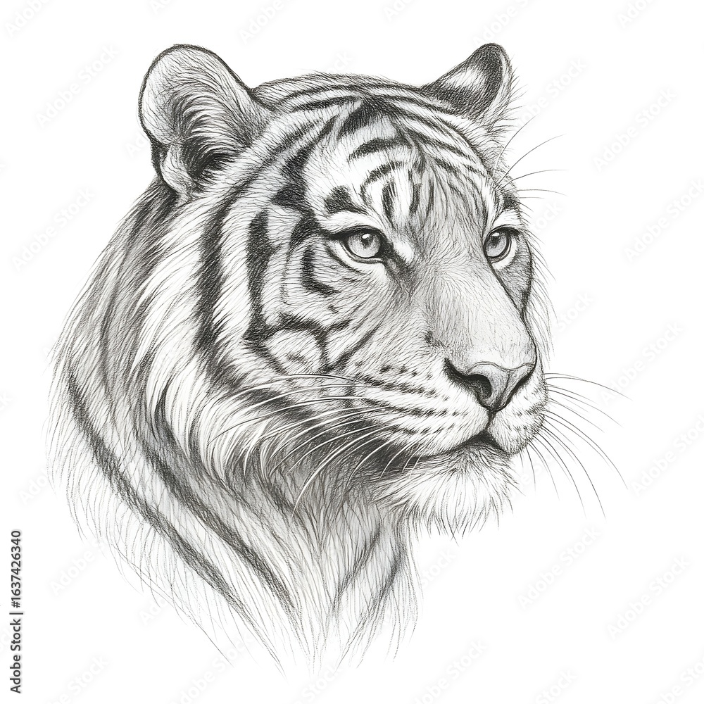 Fototapeta premium Tiger Head Pencil Sketch in Profile