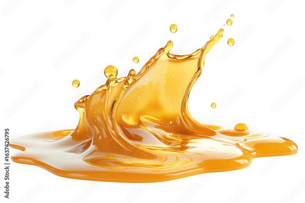 Fototapeta premium Golden liquid splash, honey, juice, oil, syrup, water, beverage, flow, motion, pouring, drop, wave, transparent png image isolated on transparent background