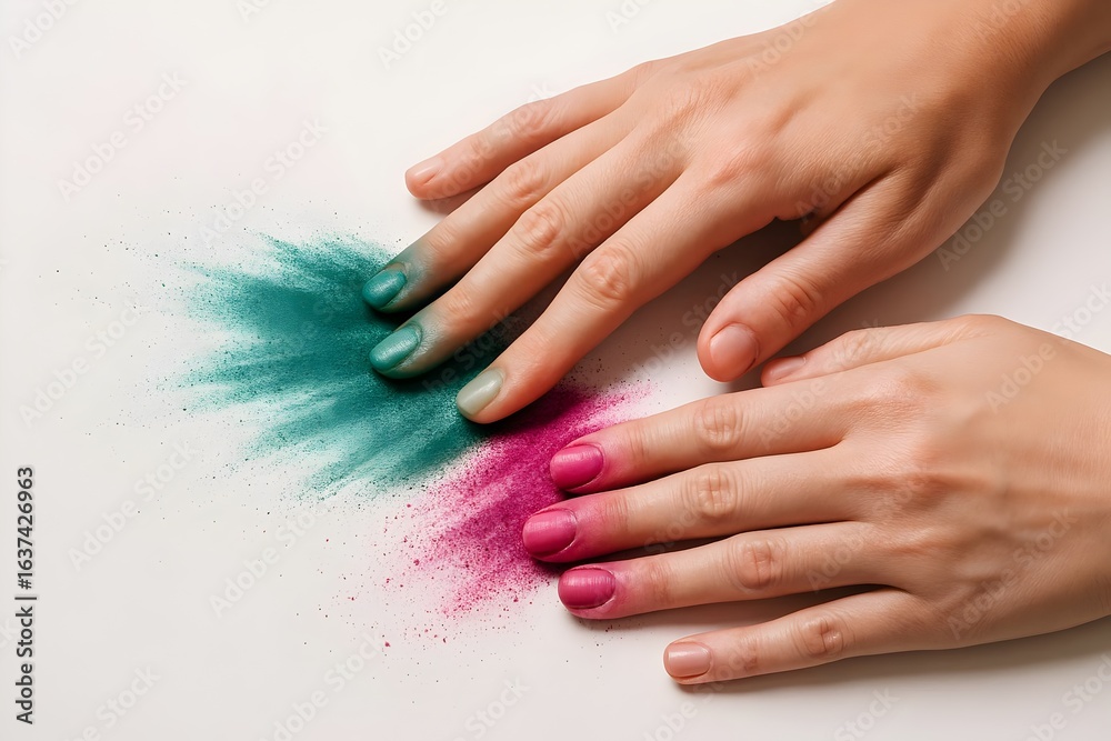 Naklejka premium Colorful powder paint art hands creative design vibrant pigments artistic expression abstract beauty fun diy project